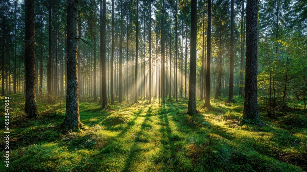 Fototapeta premium A forest with sunlight shining through the trees. The sunlight creates a warm and peaceful atmosphere. The trees are tall and green, and the grass is lush and vibrant. The scene is serene and calming