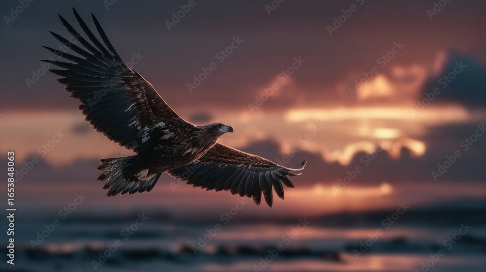 Fototapeta premium An eagle gliding smoothly through the open sky at dawn