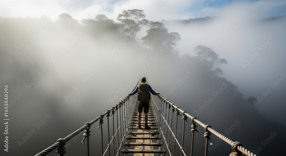 Fototapeta premium Suspended above the clouds: A solitary journey across a high-altitude bridge offering breathtaking