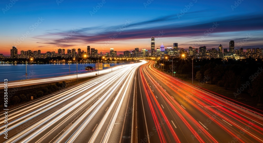 Fototapeta premium Urban dynamism nightscape with blurred vehicular movement in city skyline long exposure