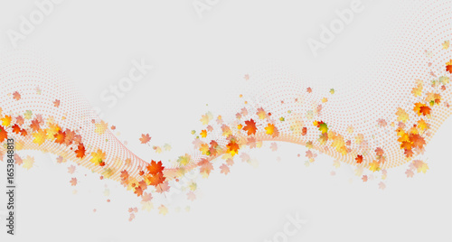 Bright orange autumn leaves and flowing dotted waves abstract fall season background. Vector natural design