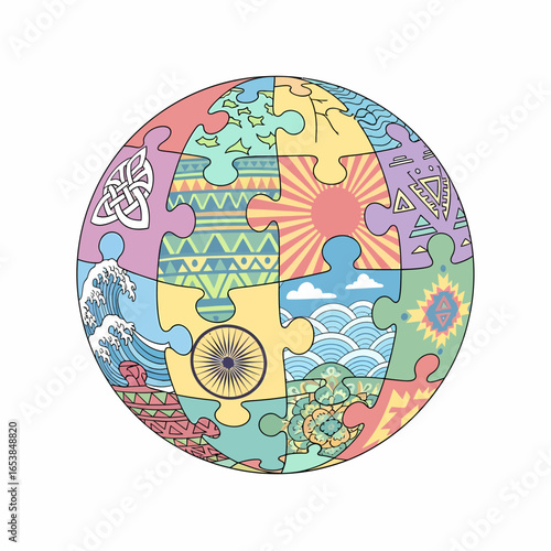 A circular jigsaw puzzle illustrating diverse global cultures, symbols, and artistic patterns.