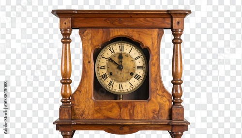 Antique wooden mantel clock with Roman numerals, showing time