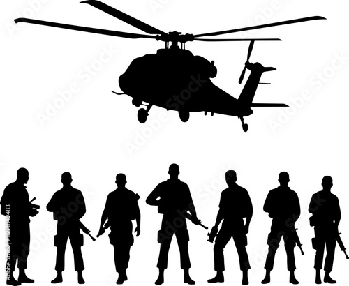 American "Military Silhouette Scene – Soldiers and Helicopter" vector bundle