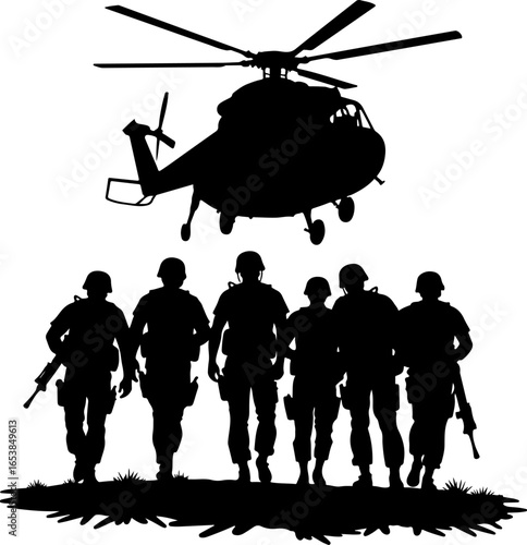 American "Military Silhouette Scene – Soldiers and Helicopter" vector bundle