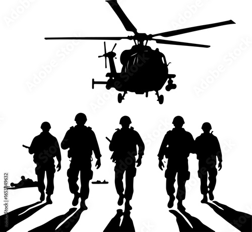 American "Military Silhouette Scene – Soldiers and Helicopter" vector bundle