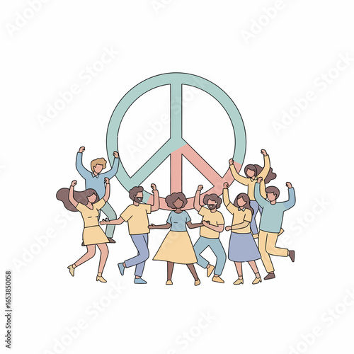 A diverse group of joyful people celebrating in front of a large pastel-colored peace symbol, a line art illustration of unity.