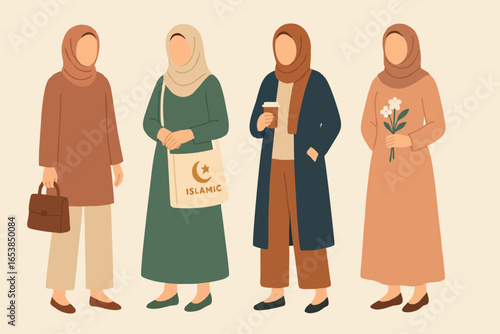 Flat art vector of Muslim women in modest clothing and hijab representing Islamic culture and lifestyl