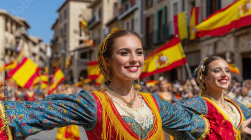 Smiling Women Dancing with Spanish Flags at Feria de Albacete Parade Street Festival in Spain Traditional Costumes