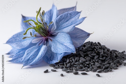 Close Up Of Beautiful Blue Flower And Black Seeds On White Background