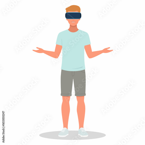 Young man in a light blue t-shirt and shorts wearing a VR headset with arms open wide.
