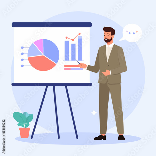 Bearded businessman in a brown suit giving a presentation, pointing to a bar graph and pie chart on a whiteboard.
