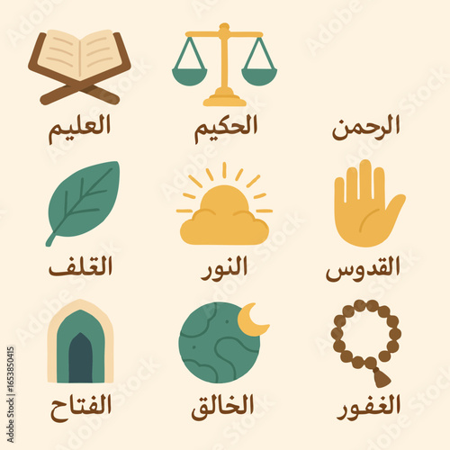 Vector flat art icons of Asmaul Husna, representing beautiful names of Allah with Arabic calligraphy and symbolic icons.
