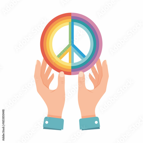 Human hands with blue cuffs holding a circular peace symbol with vibrant rainbow stripes.