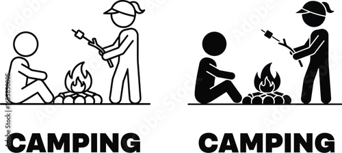 Camping trip icon set people roasting marshmallows bonfire