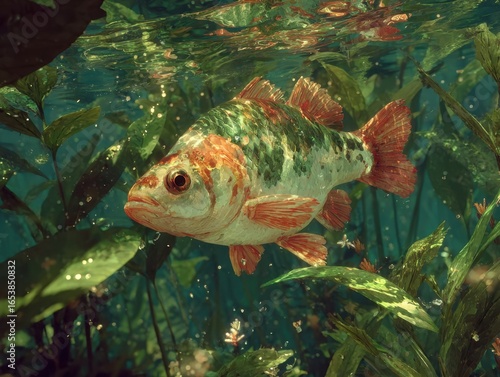 Underwater Scene with a Colorful Fish Among Aquatic Plants