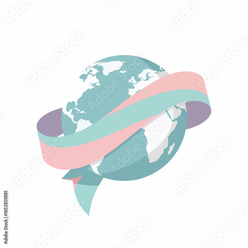 Stylized Earth globe wrapped in a flowing pastel pink, blue, and purple ribbon.