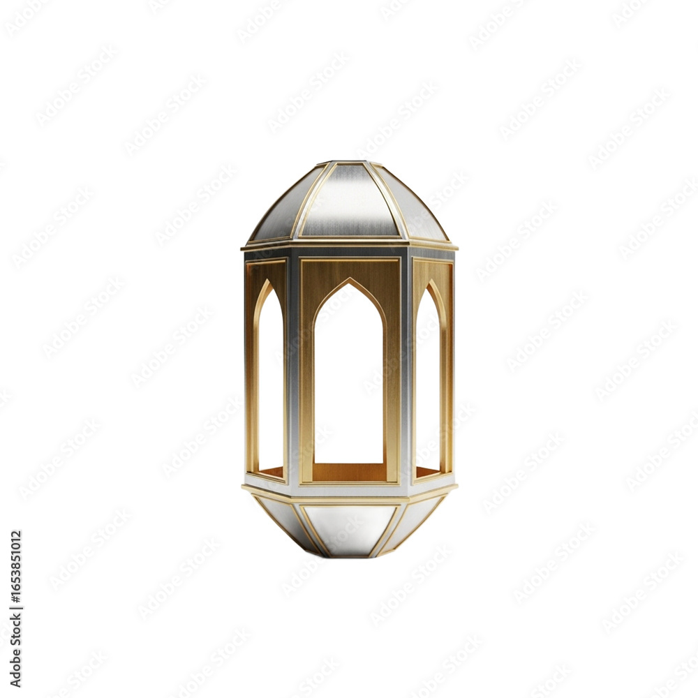 Obraz premium A traditional metallic Arabic lantern with a silver dome and golden arched windows rendered in 3D. PNG Transparent