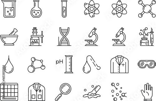 Laboratory science icons collection with chemistry equipment, microscope, DNA, beaker, molecules, pH scale, scientist coat, magnifying glass, gloves, goggles, experiment, dropper