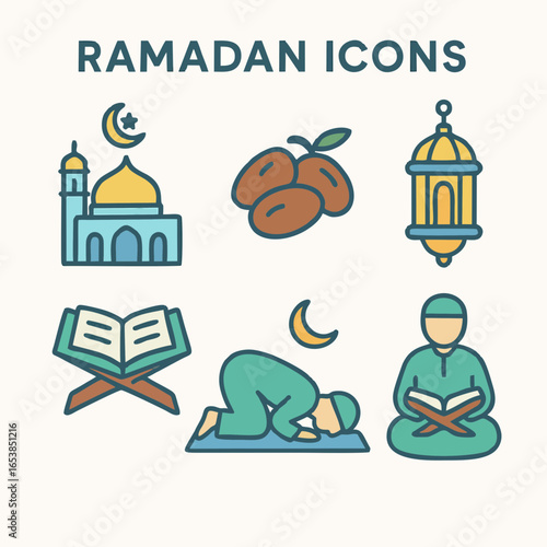 Ilustrasi ikon Ramadan dalam gaya flat art berisi masjid, kurma, Al-Qur’an, dan umat Islam berdoa.
