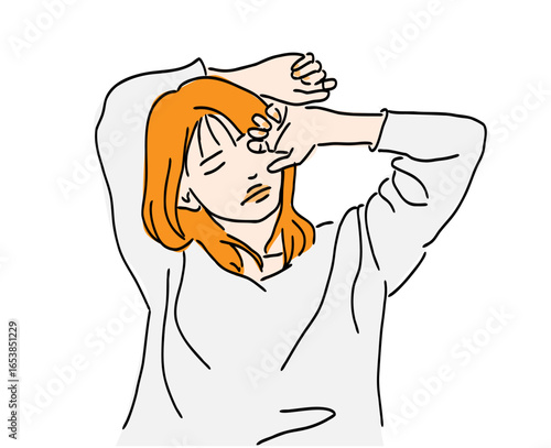 Illustration of sleepy woman rubbing eyes after waking up