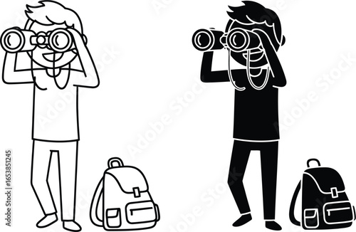 Cartoon traveler with luggage and binoculars illustration
