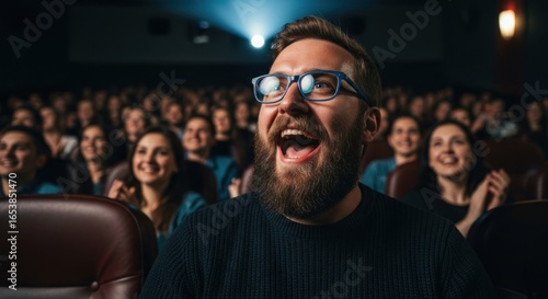 Enthusiastic moviegoer enjoying a film with a captivated audience in theater ambiance