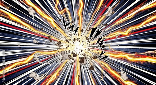 Dynamic power action scene with radiating lines, debris, and vibrant energy flashes artwork