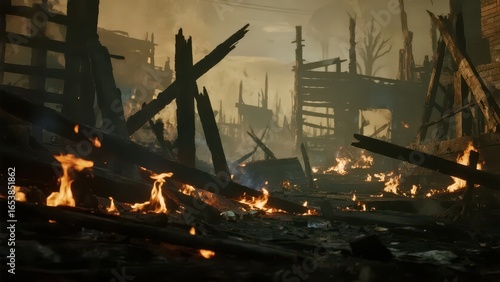 An area destroyed by a fierce fire, with flames still burning among the broken walls and woods, and thick smoke pervading, fully showing the tragedy and destruction after the fire.