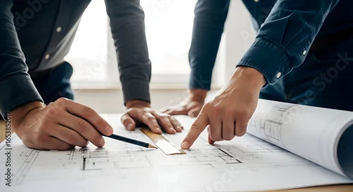 Tapety Team of professionals collaborating over architectural blueprints, focused on planning and strategy for a new project, fostering teamwork and expertise.