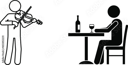 Violin player serenades diner in restaurant stick figures