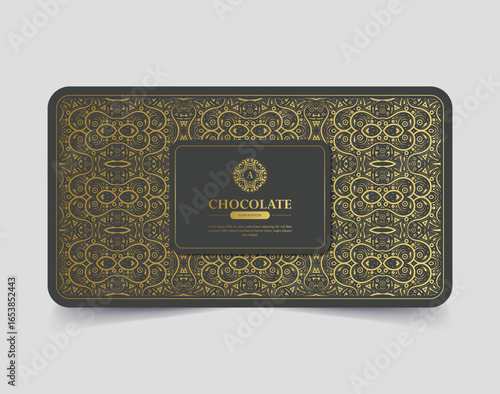Golden Decorative Chocolate Package with Luxury Ornamental Pattern on Dark Background