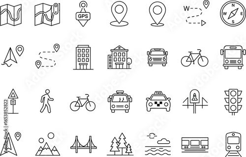 Travel and navigation outline icons collection with map, GPS, location pin, compass, route, car, bus, taxi, bicycle, train, walking, landmarks