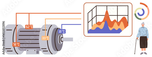 Machinery with temperature sensors connected to a data analysis chart, accompanied by graphical trends and an elderly figure. Ideal for automation, data analytics, healthcare, gerontology, machine