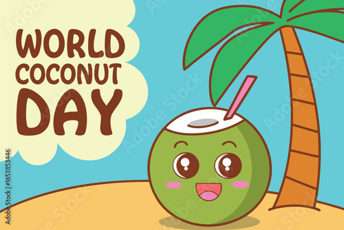 Cute smiling green coconut with pink straw under palm tree on sandy beach with world coconut day text