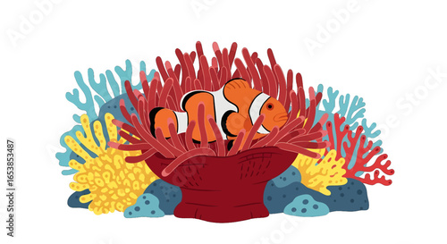 Vibrant Clownfish in Anemone on Coral Reef Graphic Illustration with Rich Colors and Dynamic Marine Life