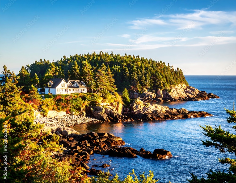 Fototapeta premium Coastal home on a rocky shore at sunset