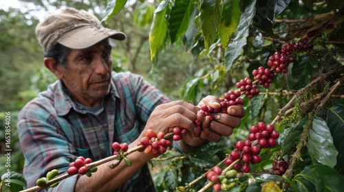 Coffee Farmer Harvesting Ripe Beans on Coffee Plant Branch