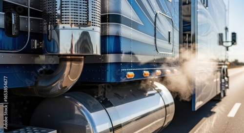 Sleek blue semi-truck spewing exhaust along a highway, emphasizing transportation and