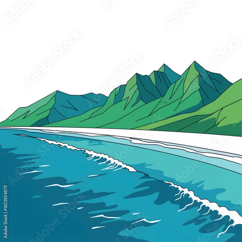 Vibrant Pixelated Ocean with Turquoise Waves and Lush Green Mountains Under a Clear Sky on Tropical Coastal Scene