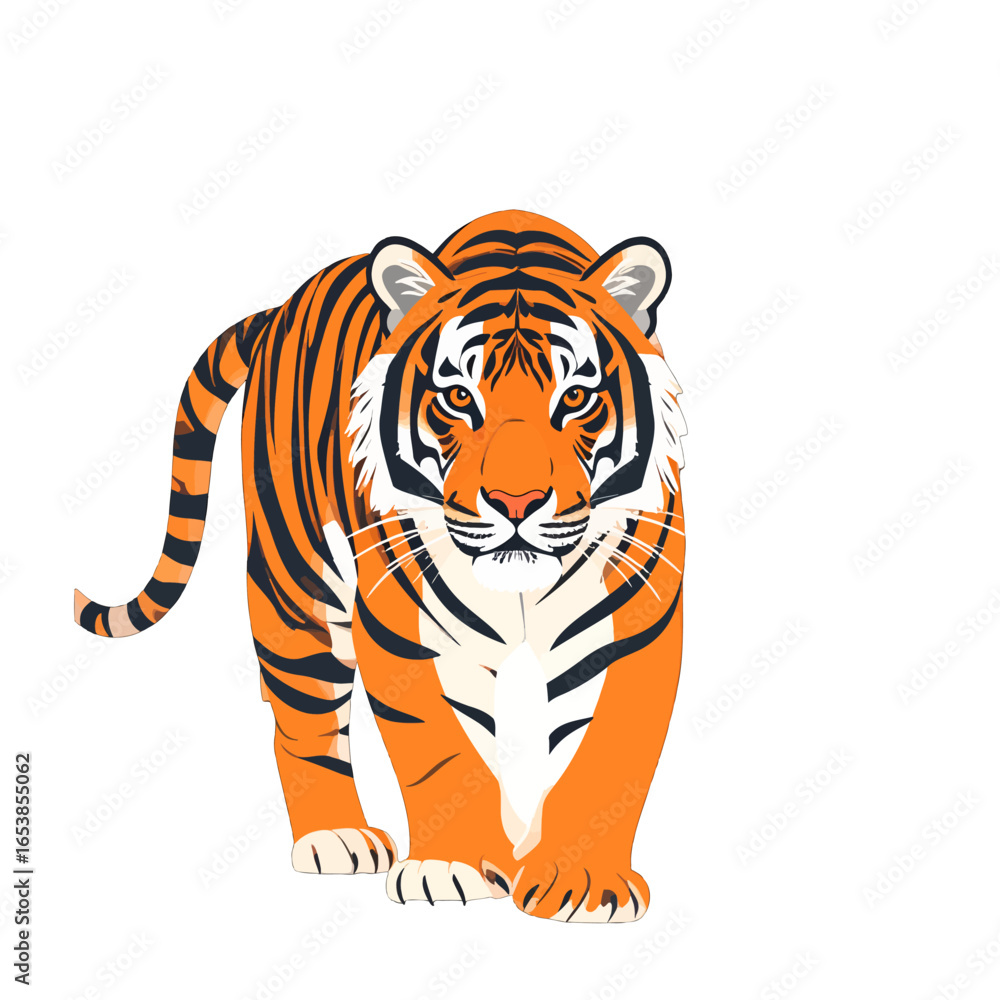 Obraz premium Vibrant Orange and Black Striped Tiger Walking Forward Isolated on White Background with Detailed Fur and Facial Features Digital Illustration