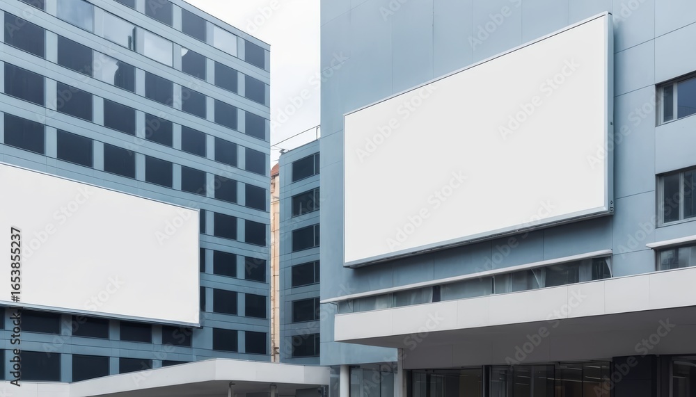 Obraz premium A large blank billboard on a sleek office building, urban storefront vibe; sunny day, cityscape backdrop.