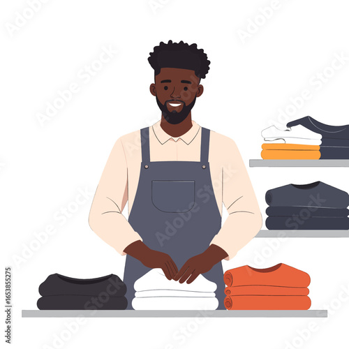 Friendly Man in Apron Arranging Folded Clothes on Shelf in a Retail Store A Display of Black White and Orange T Shirts in Minimalist Style
