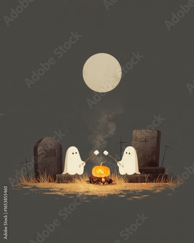 Haunted halloween celebration under the full moon ghosts gather by the campfire for a silhouette party invitation in a spooky graveyard setting
