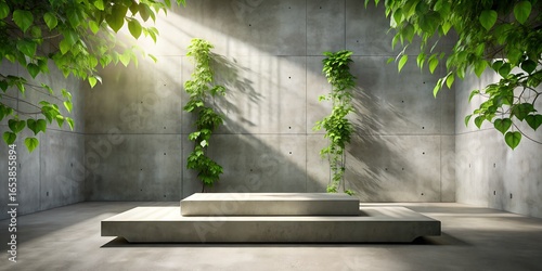 Photo of minimalist concrete podium with climbing plants and sunlight, perfect for product display, zen presentation, or modern interior design with natural botanical elements