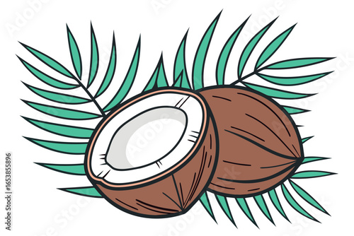 Two brown coconuts one halved with white flesh and green palm leaves on white background tropical fruit