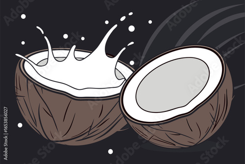 Two halves of a brown coconut with white milk splashing from one half against a dark background with abstract lines