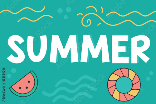 White Summer text with watermelon slice and lifebuoy on teal background lettering word