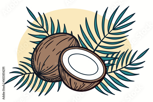 Whole and halved coconuts with teal palm leaves on a cream background tropical fruit