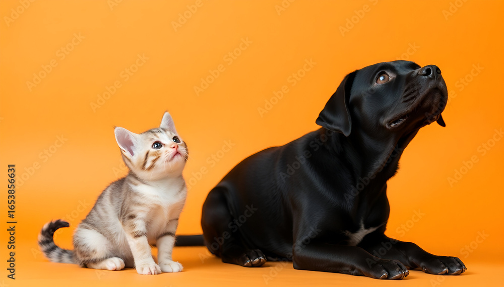 Obraz premium A kitten and a black dog sit on an orange background